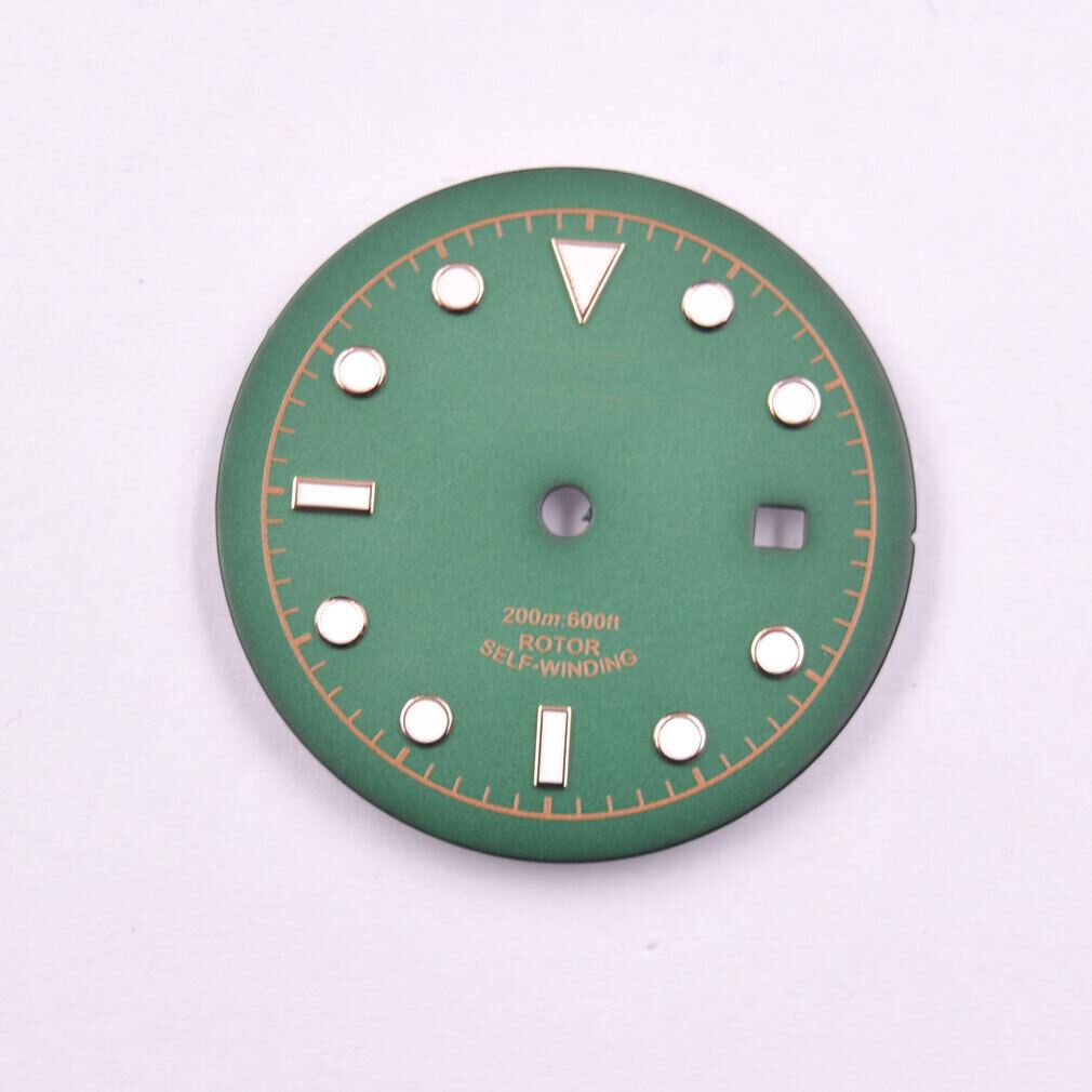 Green luminous MYT watch dial 33.50mm, compatible with ETA2836 and DG2813 movements for accurate timekeeping.
