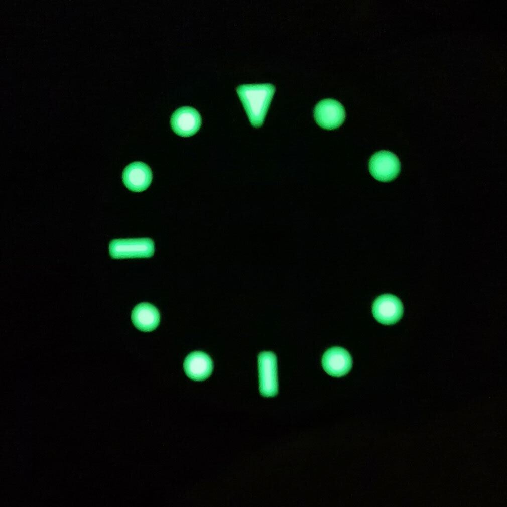 Green luminous watch dial 33.50mm by MYT, designed for ETA2836 and DG2813 movements.