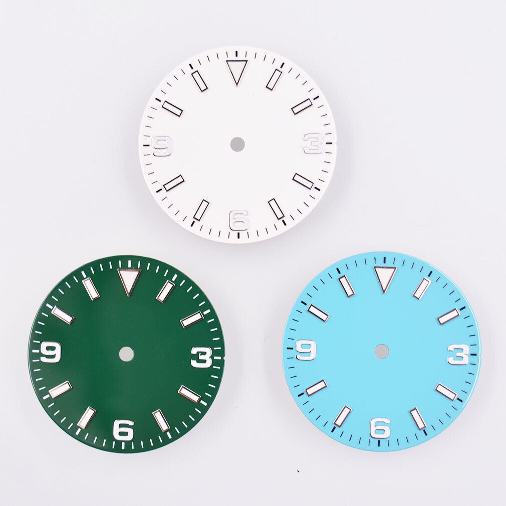 29mm green lume watch dial by MYT with luminescent markers, compatible with NH35/36 and ETA movements.