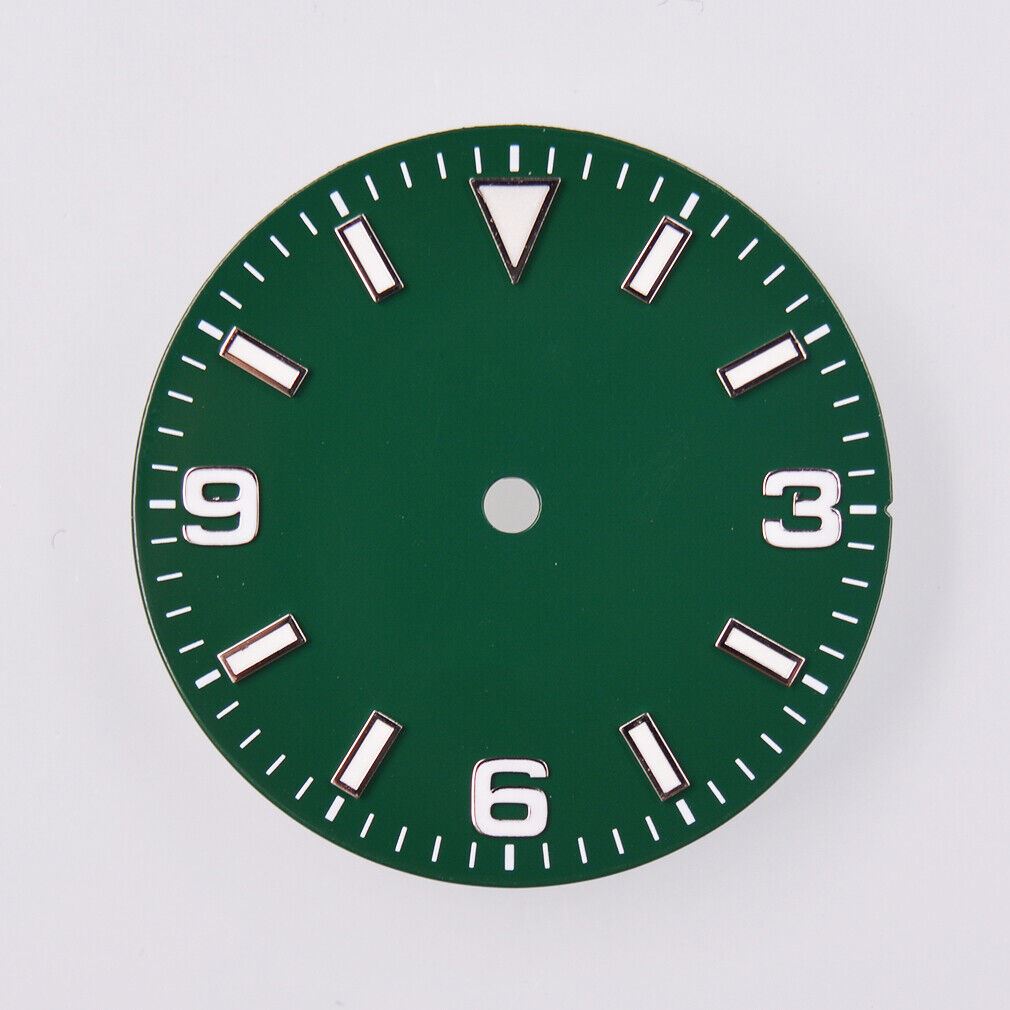 29mm green lume watch dial by MYT with luminescent markers, compatible with NH35/36 and ETA movements.