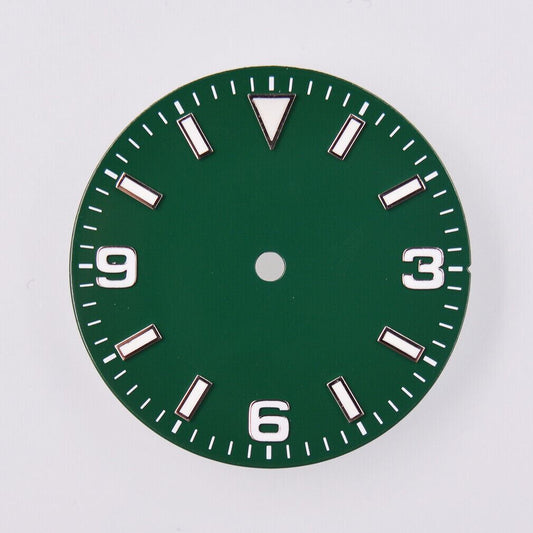 29mm green lume watch dial by MYT with luminescent markers, compatible with NH35/36 and ETA movements.