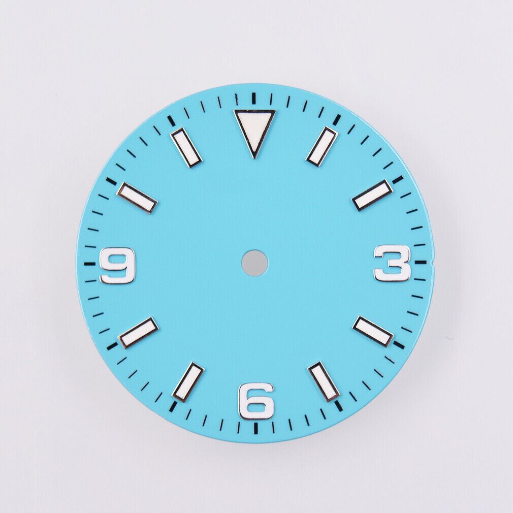 29mm green lume watch dial by MYT with glowing markers for NH35/36 and ETA movement compatibility.