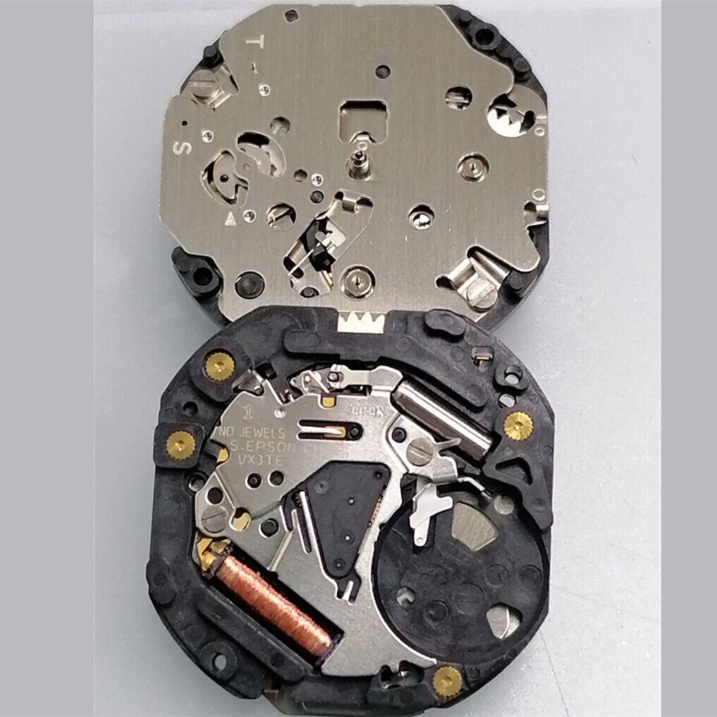 Hattori Epson VX3TE quartz watch movement, Japan-made, ideal for precise watch repairs and upgrades.