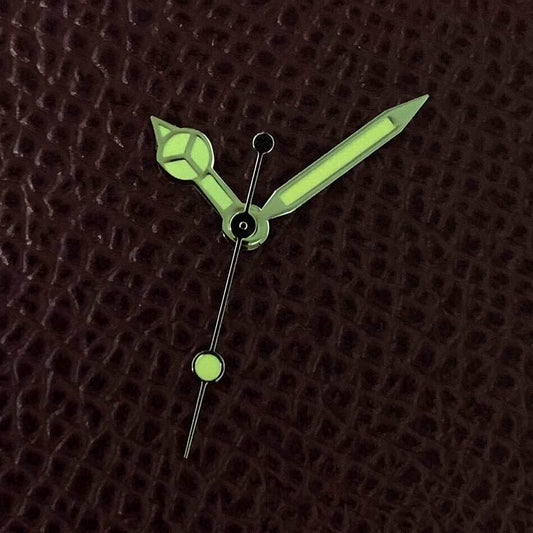 Green luminous orange watch hands set for NH35A/NH36A movement, enhancing visibility and style.