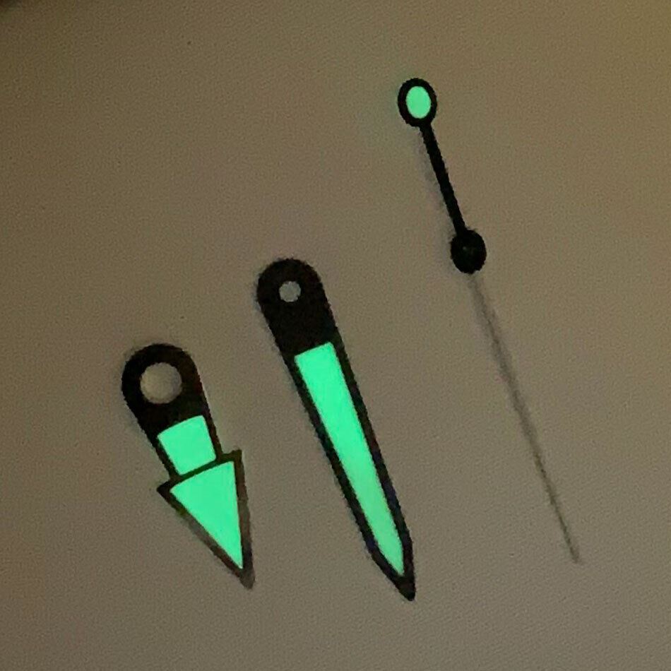 A9 brand green luminous watch hands set, precision fit for NH35A, NH36A, and 4R36 movements.