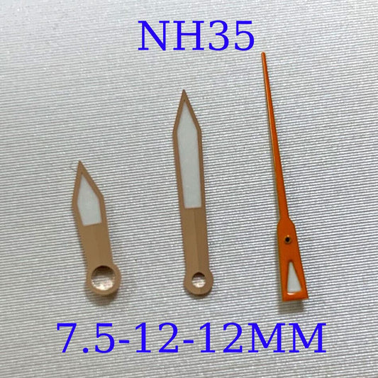 Green luminous watch hands set for NH35A/NH36A with 7.5/12/12mm sizes, perfect for precise timekeeping.