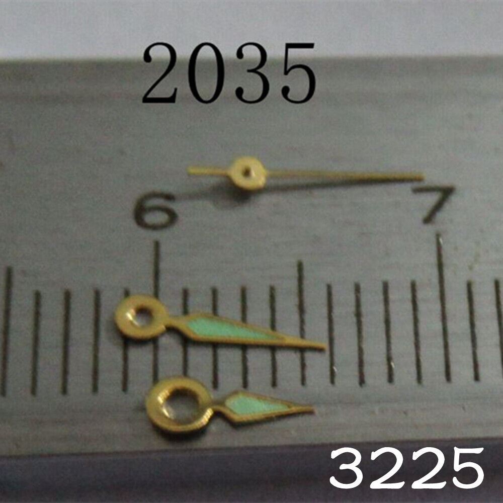 Luminous watch hands set for Miyota 2035 movement, enhancing readability in low light.