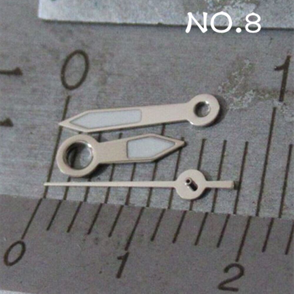 Luminous silver watch hands set for Miyota 2035 movement NO.8, perfect for night visibility.