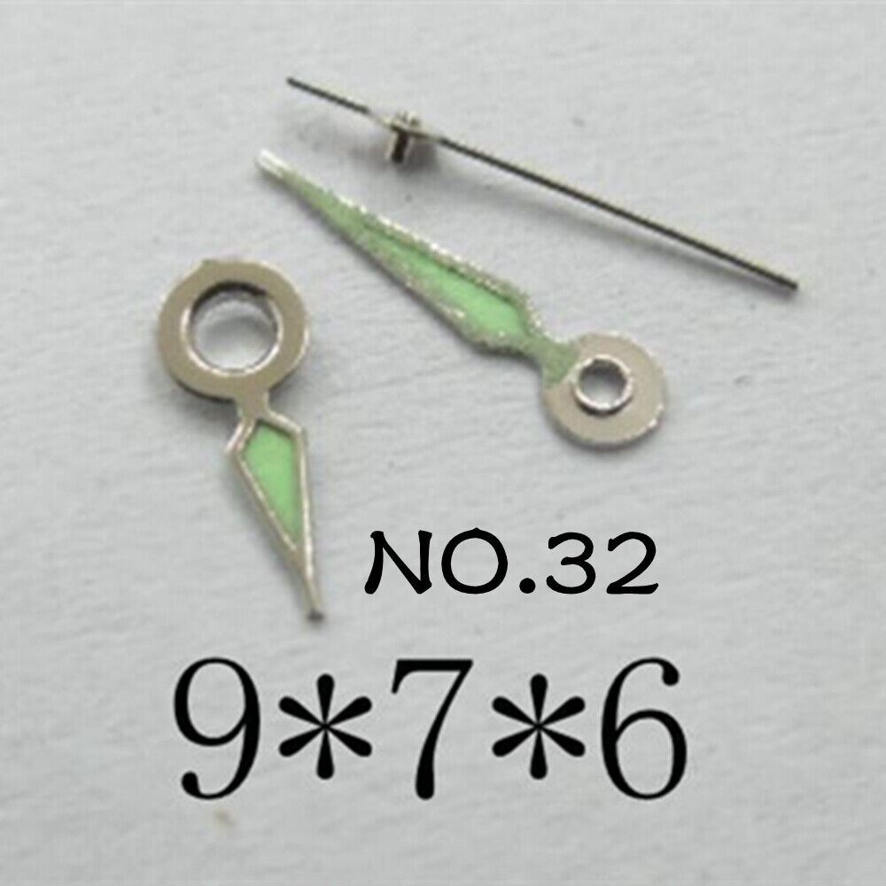 Luminous watch hands set by NO.32 for Miyota 2035, sizes 9mm, 7mm, 6mm, perfect for precise time upgrades.