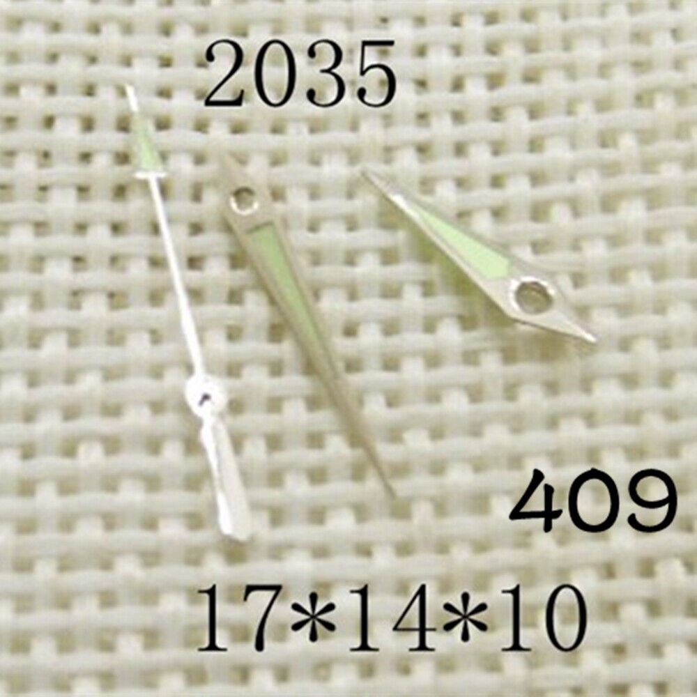 Luminous watch hands set by NO409 for Miyota 2035 movement, 17mm/14mm/10mm lengths, ideal for nighttime visibility.