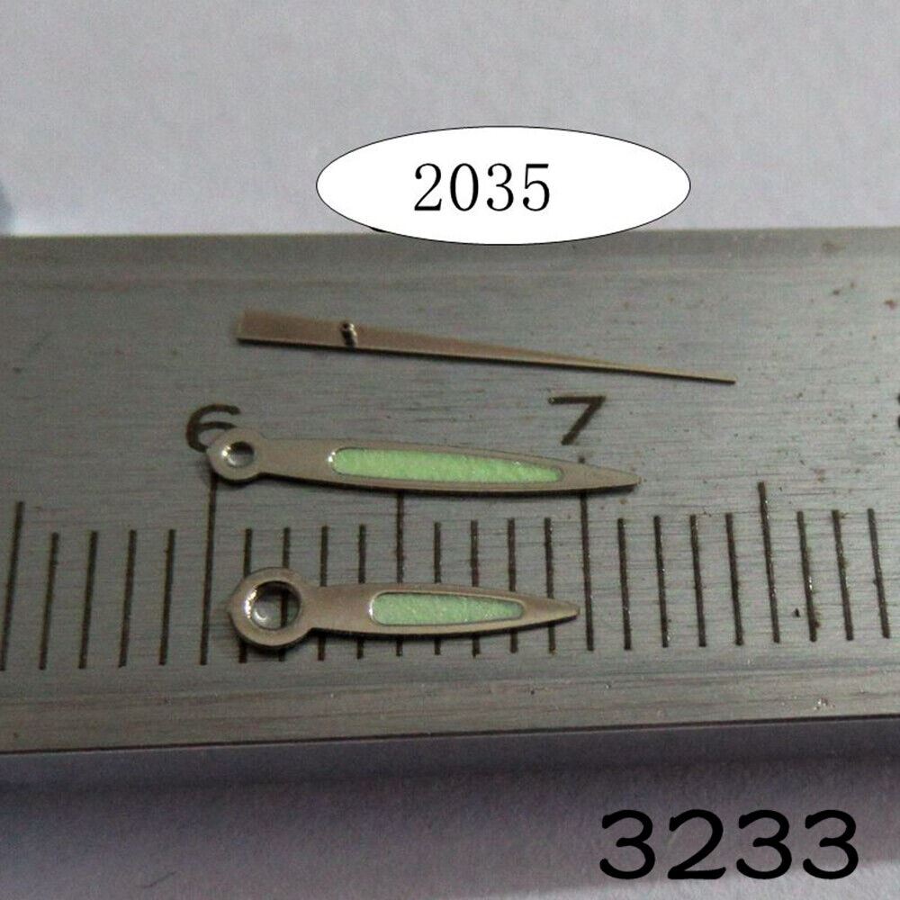 Luminous watch hands set by NO.3233 for Miyota 2035 movement, ideal for easy time reading in dark.