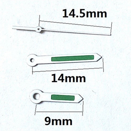Green watch hands set by Hattori Epson for TMI VJ42 quartz movement, precision accessory P1-H2-6.