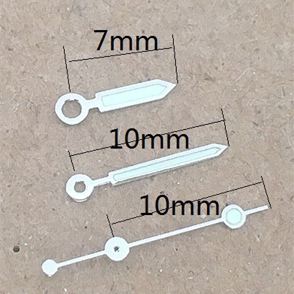 Silver trim lume watch hands for Miyota 2035 quartz movement, precise fit for watch repair and customization.