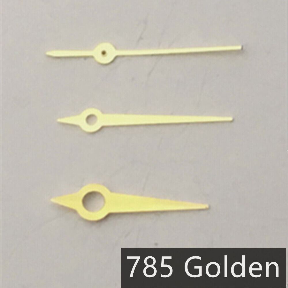 Multi-size golden watch hands by Ronda, fit for 785 quartz 3-hand movements, elegant replacement parts.