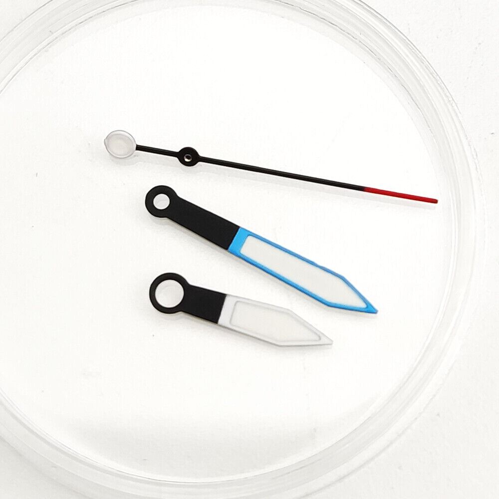 Blue-trimmed green luminous watch hands for NH35A/NH36A movement, enhancing dial readability with precise fit.