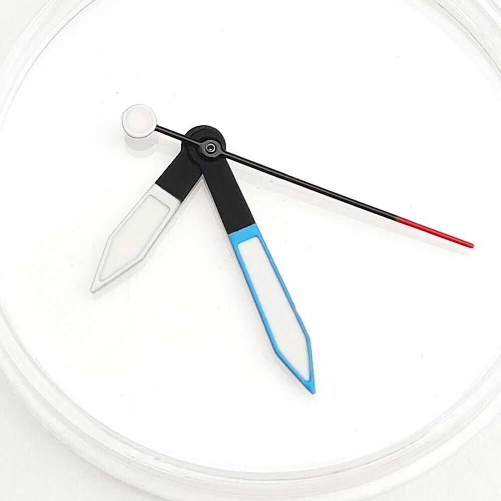 Blue trim green luminous watch hands for NH35A/NH36A movement, precise fit enhancing dial visibility.