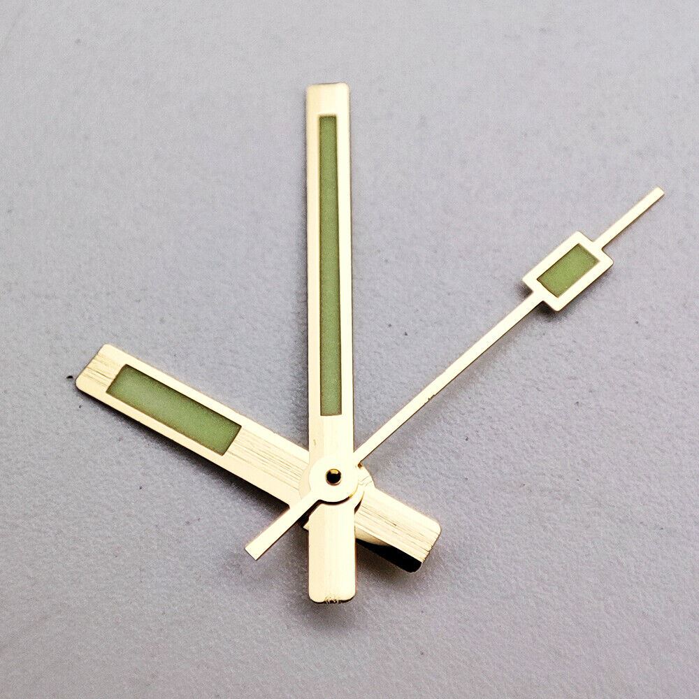 Golden trim green luminous watch hands compatible with NH35A/NH36A movement, enhancing visibility and style.
