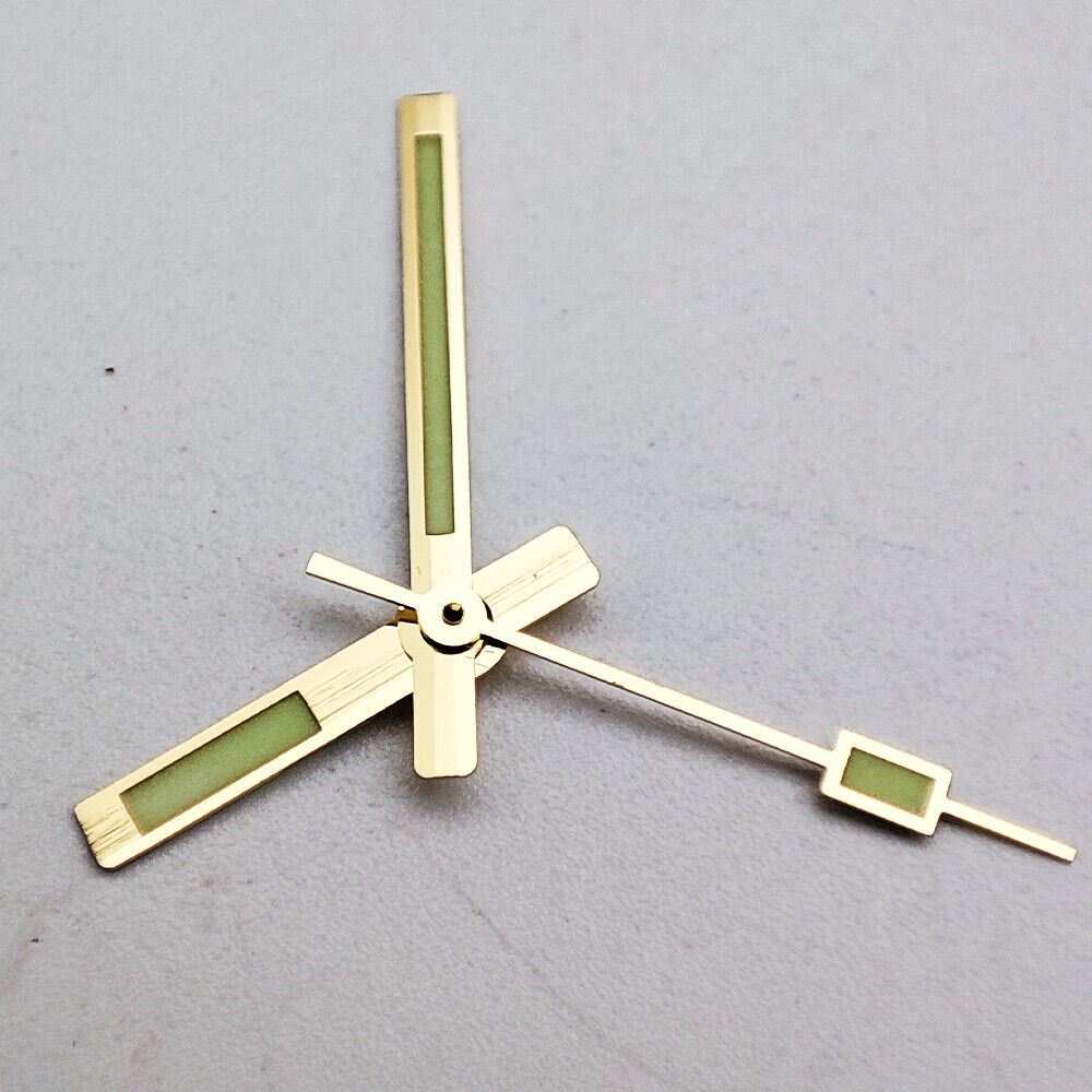 Golden trim green luminous watch hands for NH35A/NH36A movement, enhancing readability and elegant style.