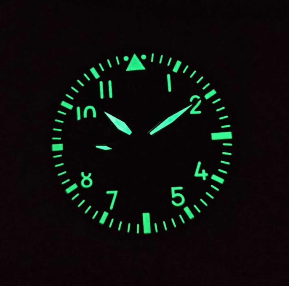 Montre pilote bleue de 38,9 mm, cadran vert lumineux, compatible avec le mouvement <tc>ETA</tc> 6497