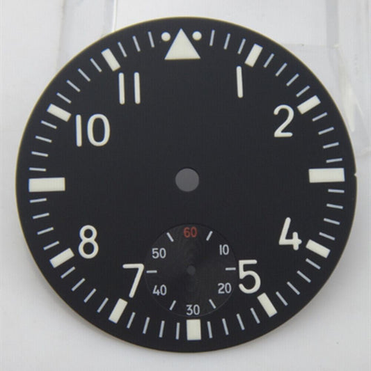 Black pilot watch dial with green luminous markers, 38.9mm, compatible with ETA 6498 movement.