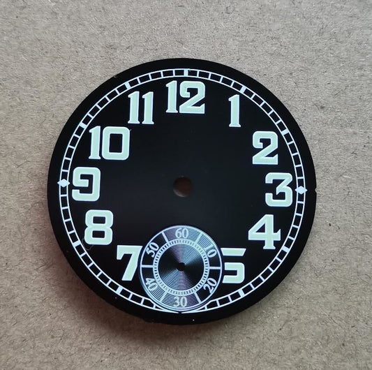 35mm black pilot watch dial with green luminous markers, compatible with ETA 6498/ST3621 movements.