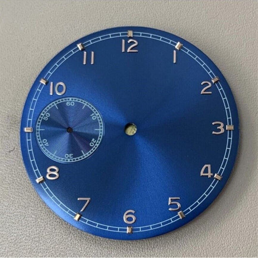 37mm blue pilot watch dial by BP08, fits ETA 6497 movement, vintage aviation style with clear numerals.