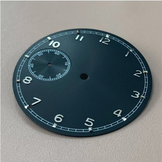 37mm black pilot watch dial by BP08, designed for ETA 6497 movement, featuring clear white numerals.