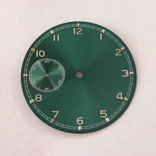 37mm green pilot watch dial by BP08, crafted for ETA 6497 movement with clear numeral markers.