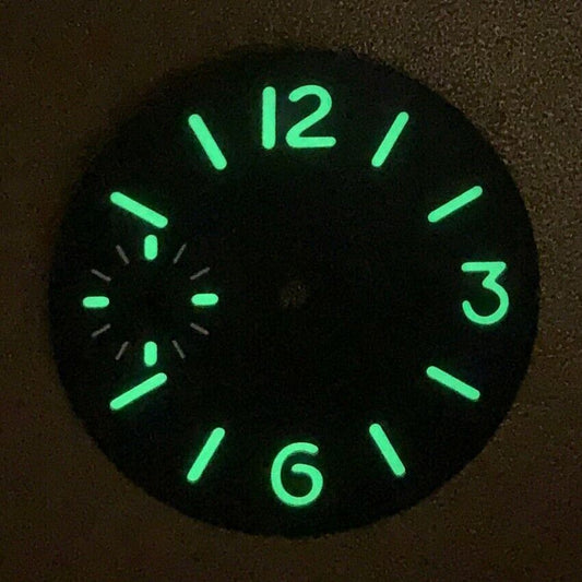 34.5mm green luminous watch dial by ETA, designed for ETA 6497/6498 mechanical movements, enhancing visibility.