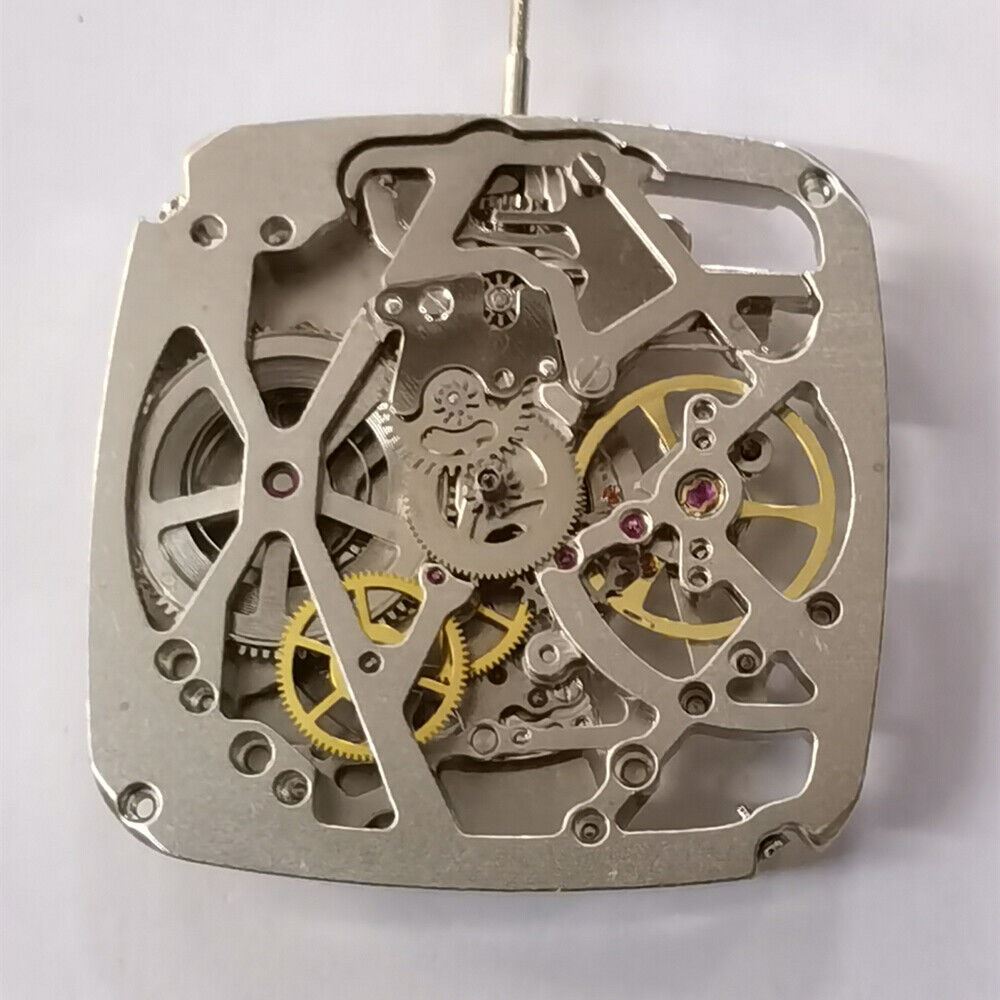 Tianjin Seagull ST25 silver square watch featuring hollow dial and precise 3-hand mechanical movement