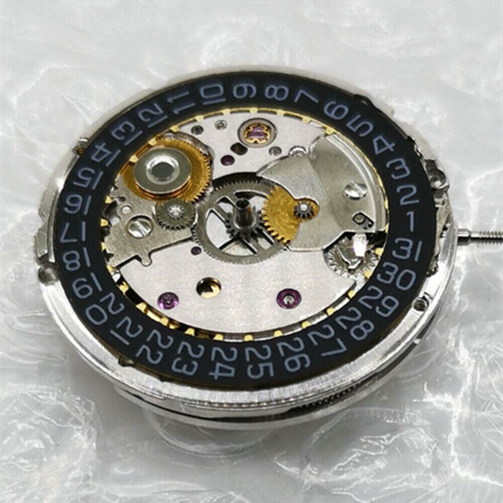 Tianjin 2824-2 automatic watch movement with silver black dial showcasing precision mechanical gears by China Made.