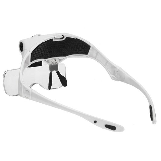 Adjustable reading watch loupe headband with LED light for detailed jewelry inspection.