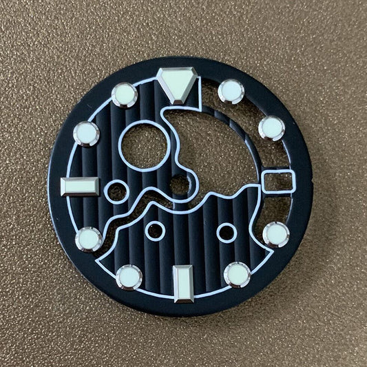 28.50mm Hollow C3 Green luminous watch dial, fits NH35/NH36 movement, glowing design for night readability.