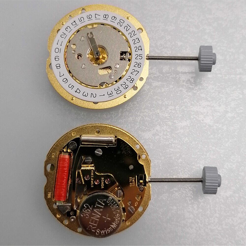 Ronda 785 quartz watch movement with date at 3 o'clock, Swiss made, for precise timekeeping.