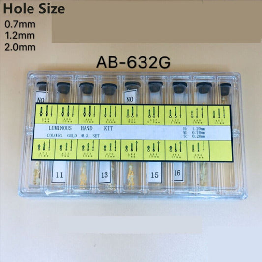 Luminous gold watch hands kit AB-632G featuring 17 sizes for precise watch repair and customization.