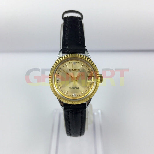 HAIDA 23mm women's mechanical watch with golden nail accents, 17 jewels, and round gold case for elegant style.