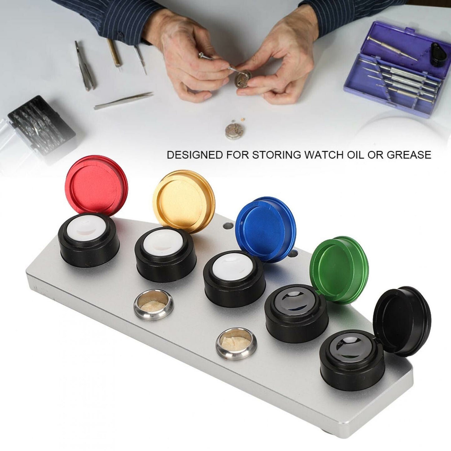 Set of 5 watch oiler cups with covers, ideal for precise oil storage in watch repair.