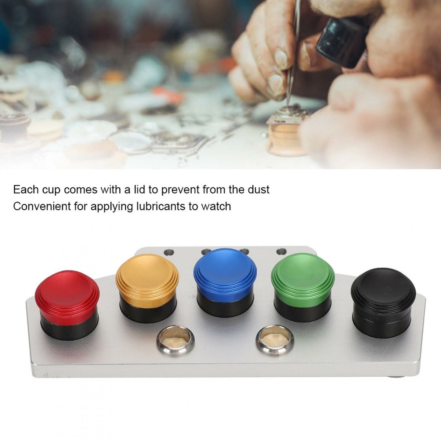 Set of 5 watch oiler cups with covers, ideal for precise watch oil storage and repair.
