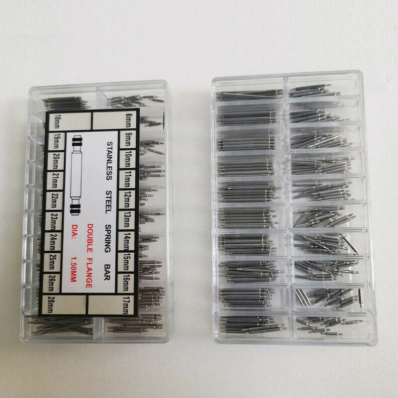300Pcs stainless steel spring bars and link pins for watch band repair, versatile kit.
