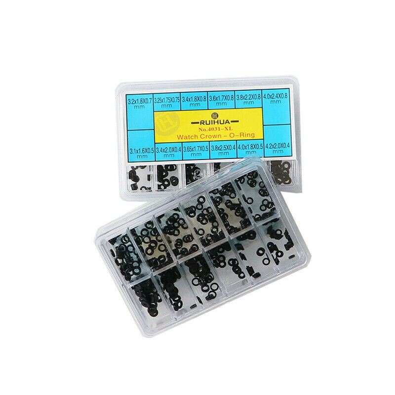 Assorted waterproof rubber O-ring gaskets for watch crown seals, durable multi-size replacements for secure fit.