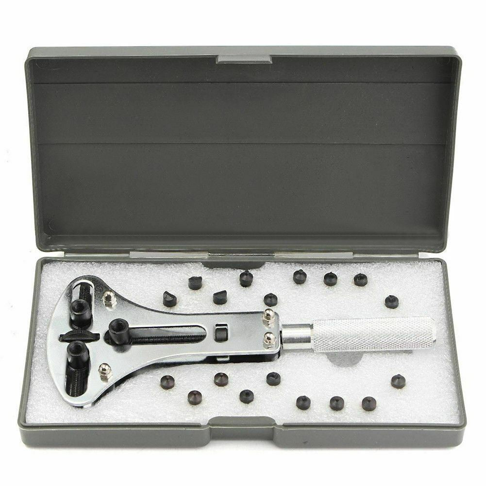 Adjustable 55cm watch back case opener wrench with 18 bits for precise watch repair and battery replacement.
