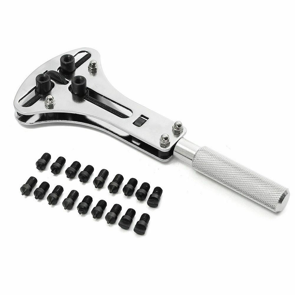 Adjustable 55cm watch back case opener wrench with 18 bits for precise watch repair and battery replacement.