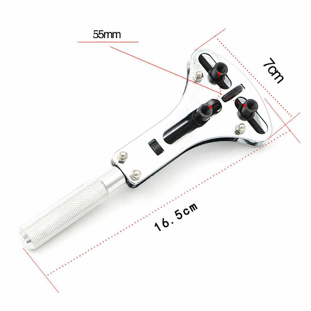 Adjustable 55cm watch back case opener wrench with 18 bits for precise watch repair and battery changes.