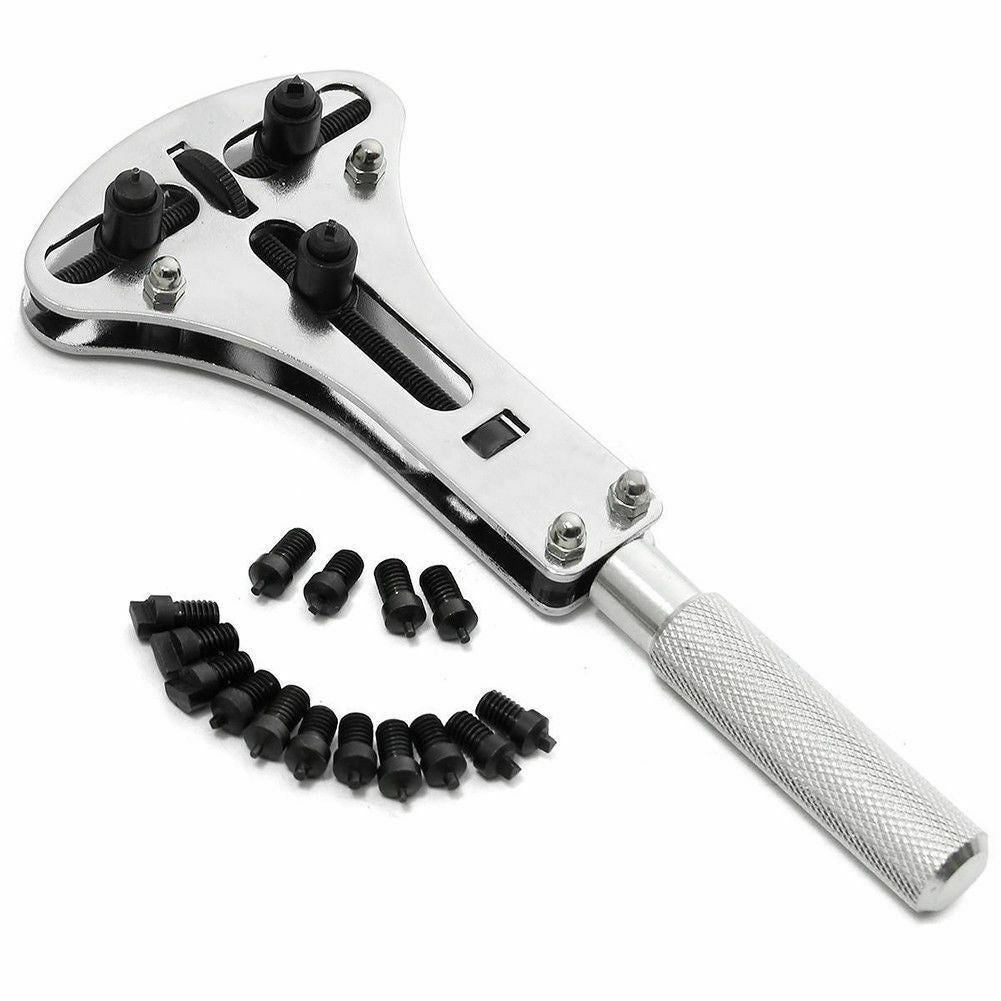 Adjustable 55cm watch back case opener wrench with 18 precision bits for battery replacement and watch repair.
