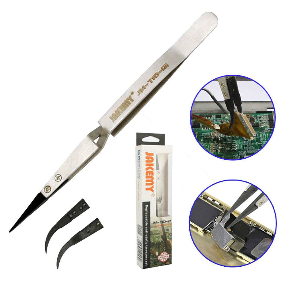 JM-T10-12 Steel Precision anti-static tweezers designed for ESD-safe iPhone repair and electronics assembly.