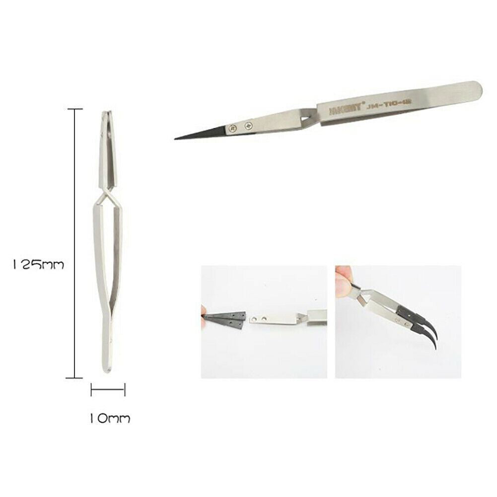 JM-T10-12 Steel Precision anti-static tweezers designed for ESD-safe iPhone repair and electronics assembly.
