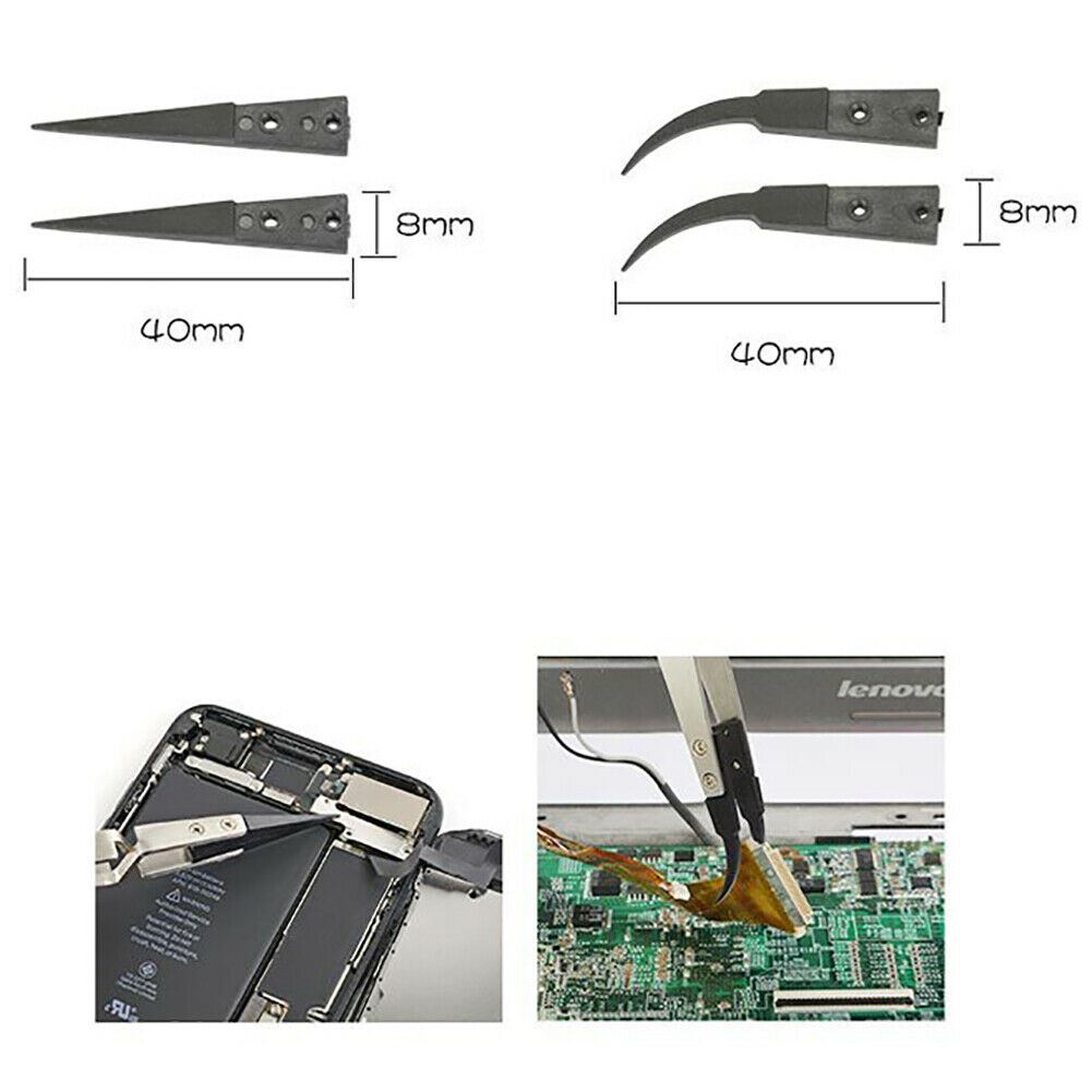 JM-T10-12 Steel precision anti-static tweezers for ESD-safe iPhone repair and electronic assembly tasks.