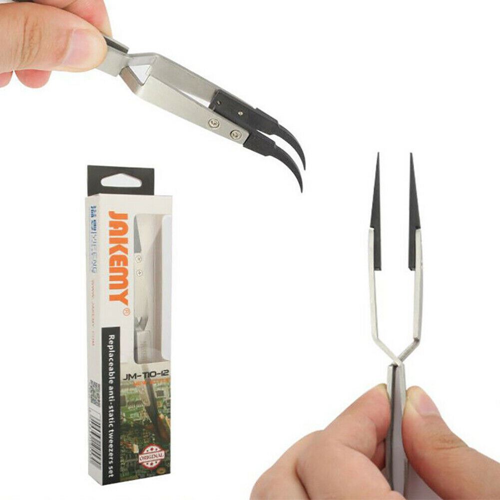 JM-T10-12 Steel Precision anti-static tweezers for ESD-safe iPhone repair and electronics assembly.