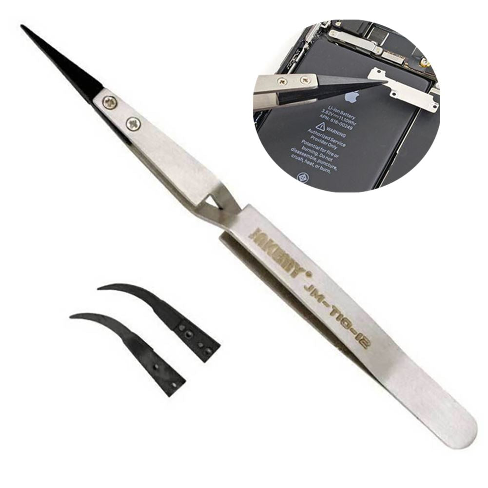 JM-T10-12 Steel Precision anti-static tweezers for ESD-safe iPhone and electronics repair tasks.