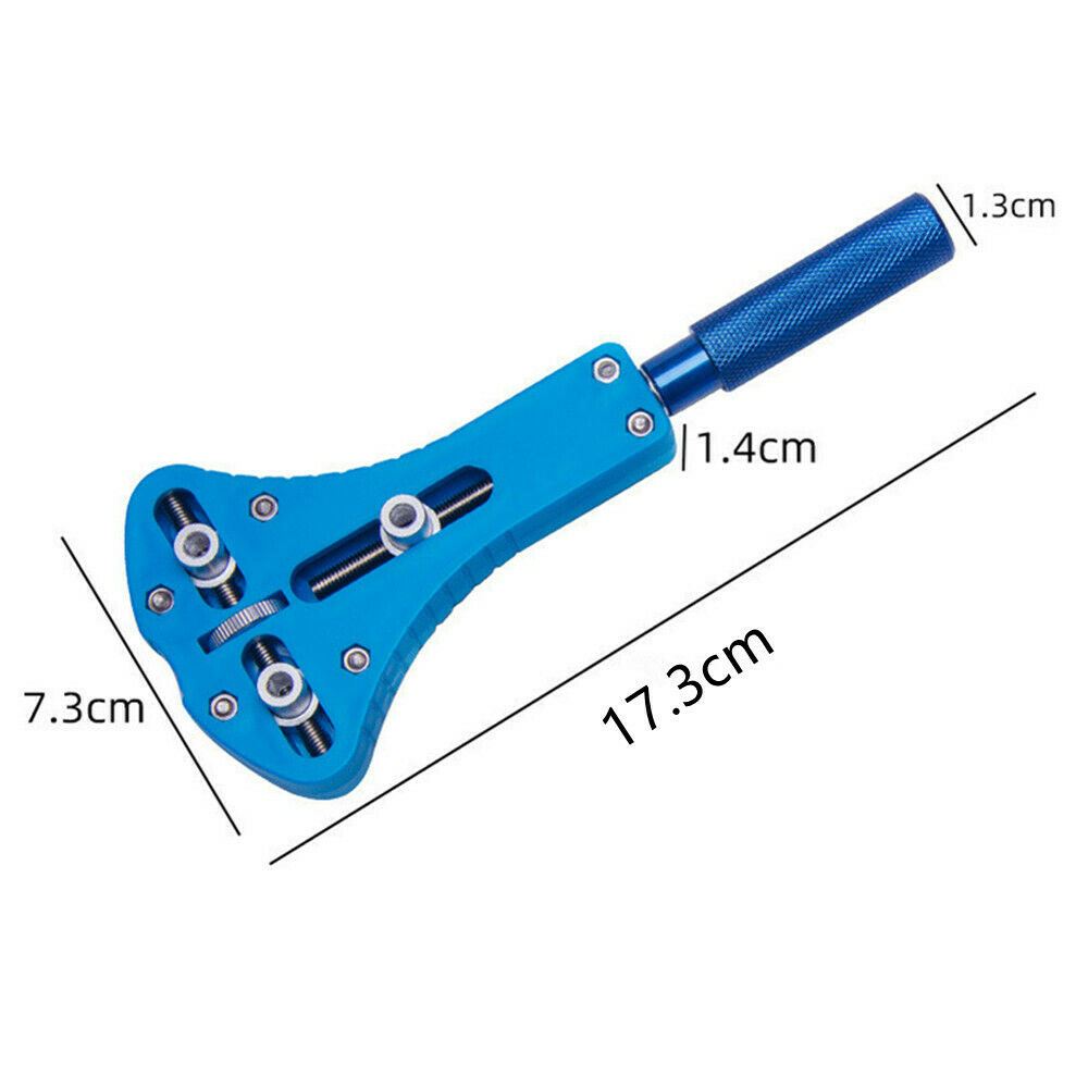 Watch band back case opener wrench with 12 dies for versatile watch repair and adjustment.